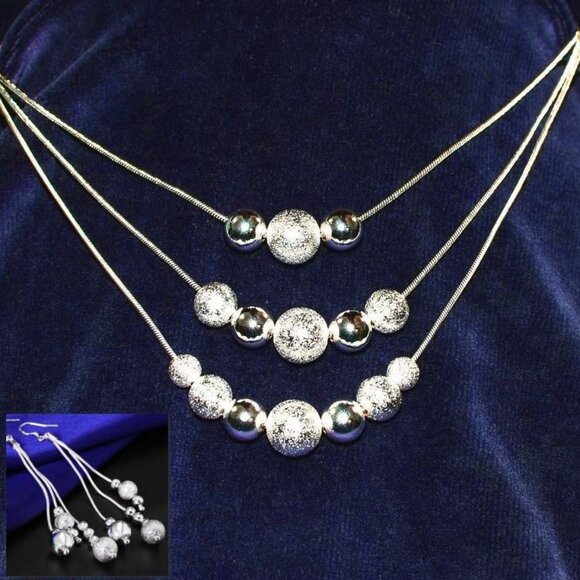 Giavanna Strands 3-Layer Sterling Silver Bead Necklace Dangle Earrings Gift Set - Picture 9 of 9